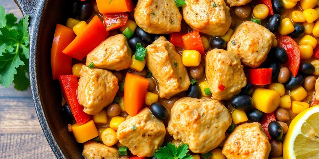 A colorful Southwest chicken skillet with corn, beans, and peppers.