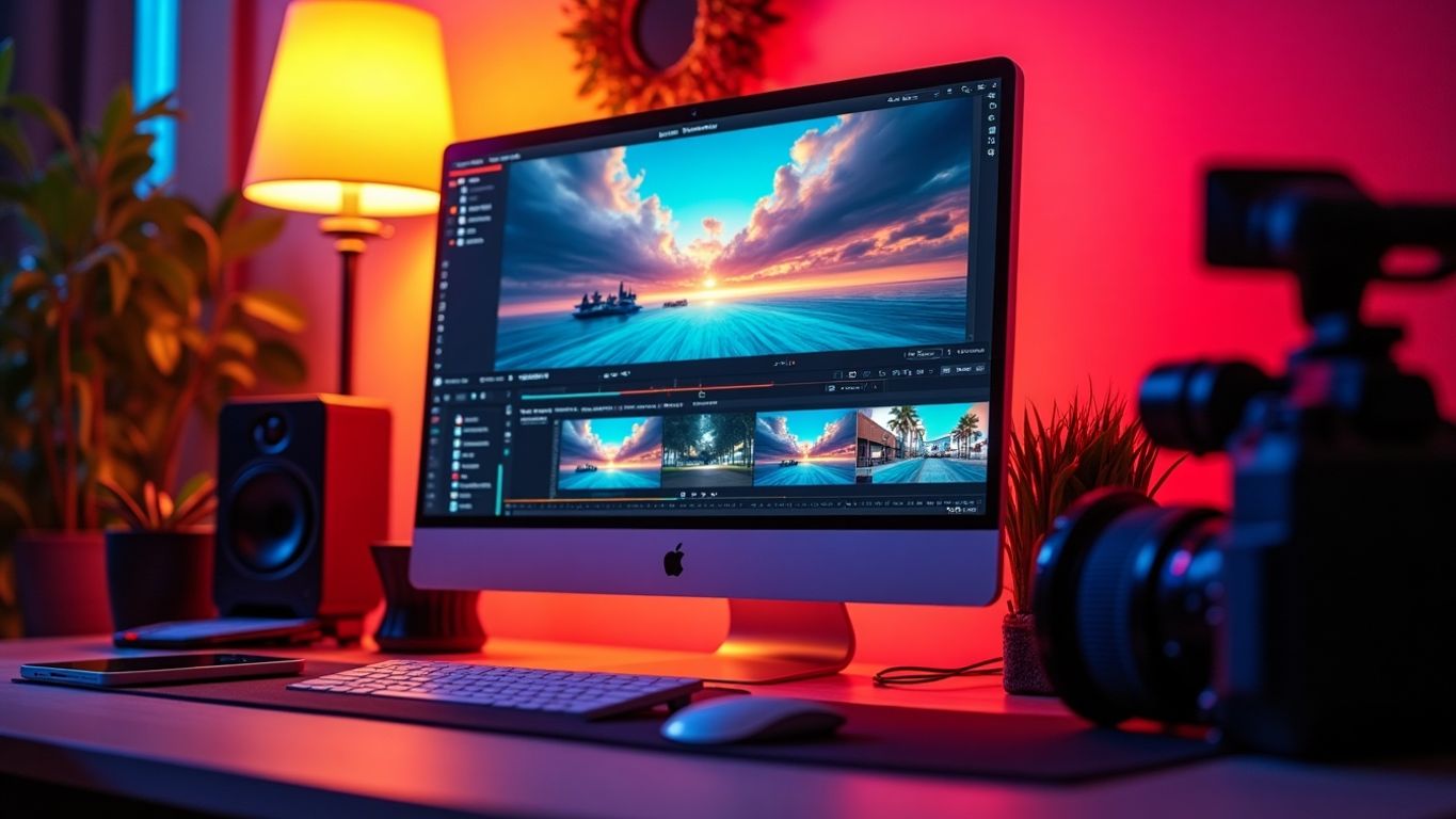 Modern video editing setup with colorful clips and tools.