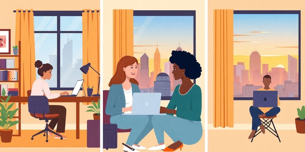 Professionals working remotely and in coworking space with Philadelphia skyline.