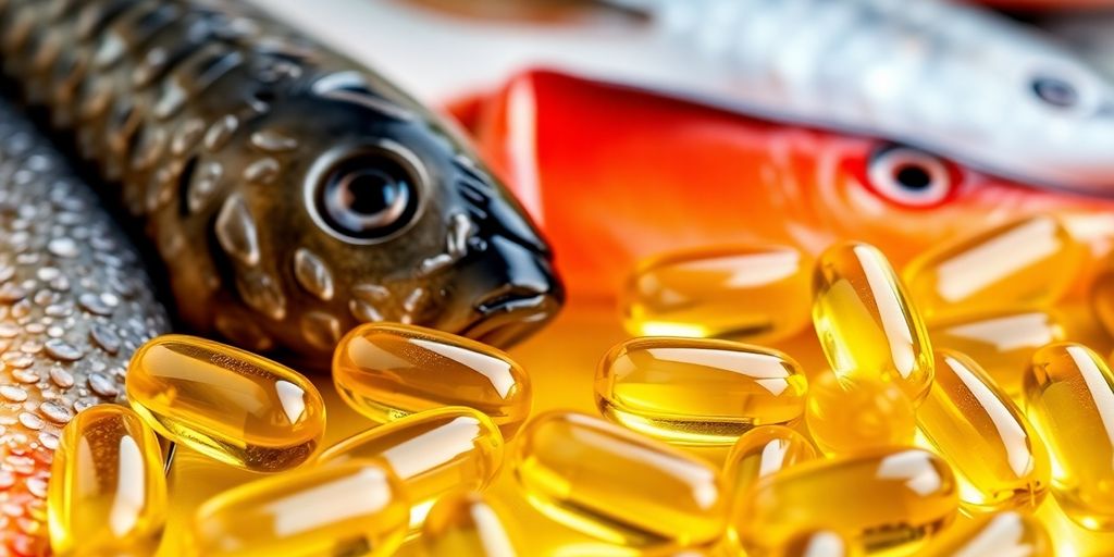 Healthy fish oil capsules with vibrant omega-3 rich fish.