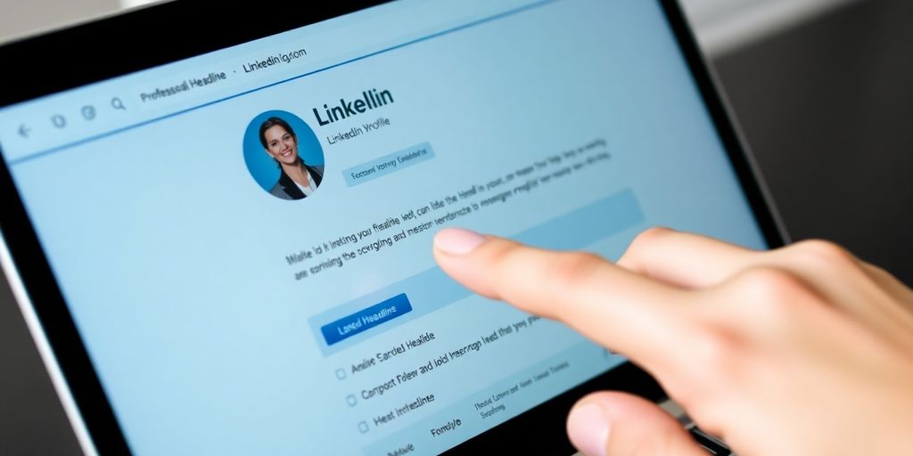 Laptop, LinkedIn profile, professional, illustrative