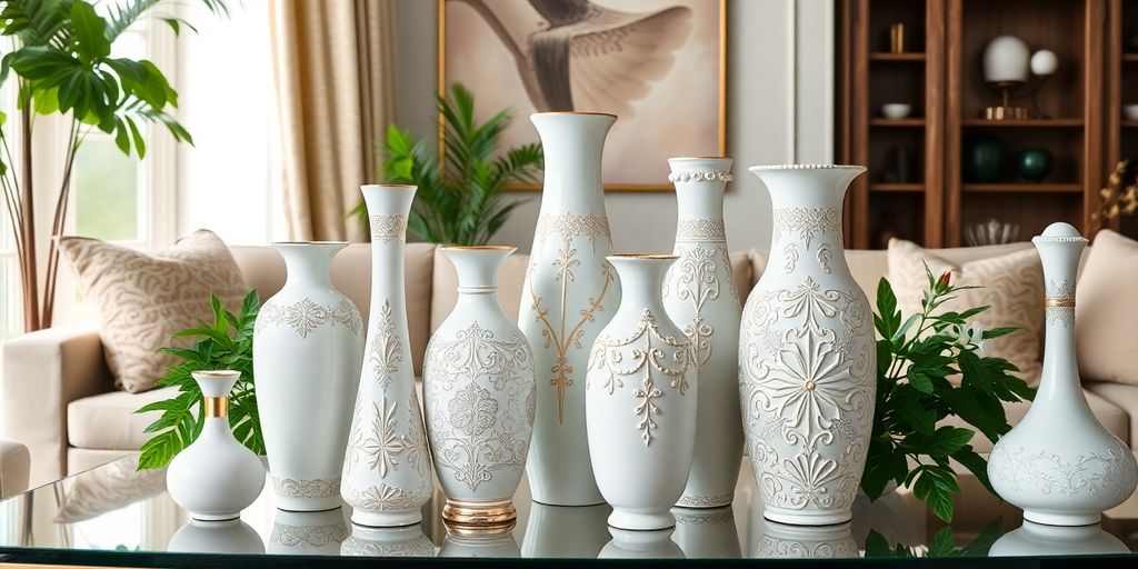 Colorful decorative vases on a stylish coffee table.