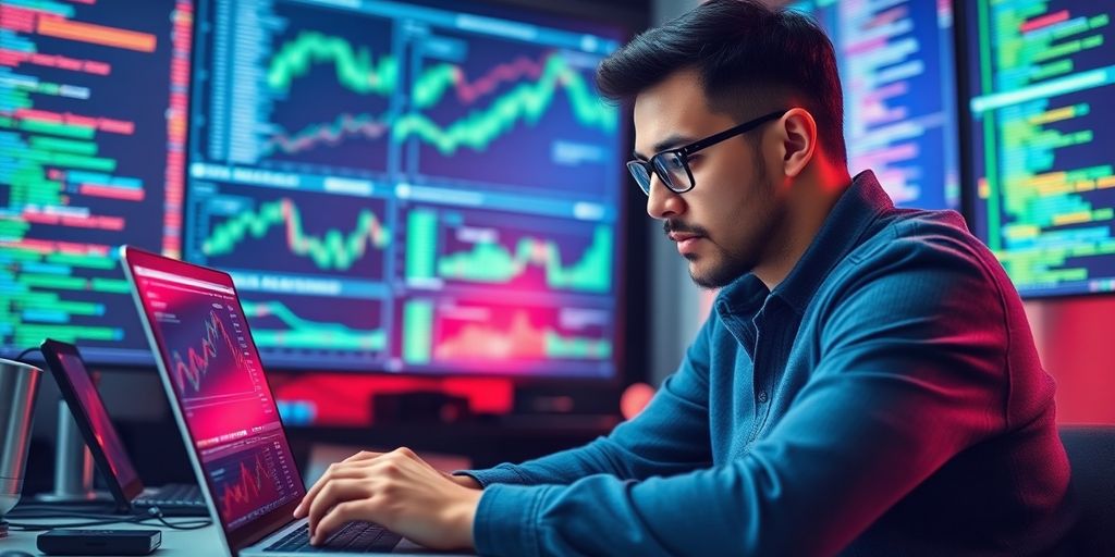 Person analyzing blockchain data on a laptop in office.