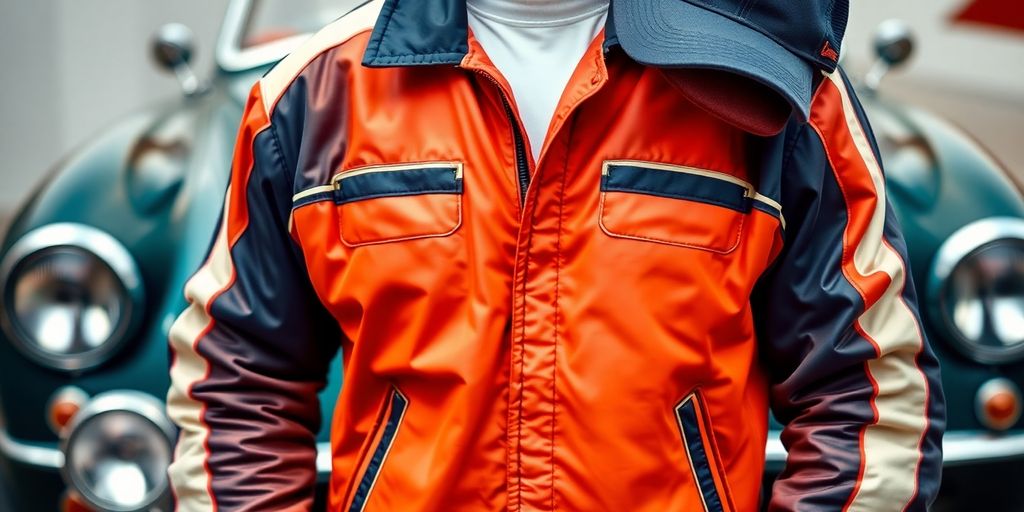 Classic racing jacket, gloves, and cap on display.