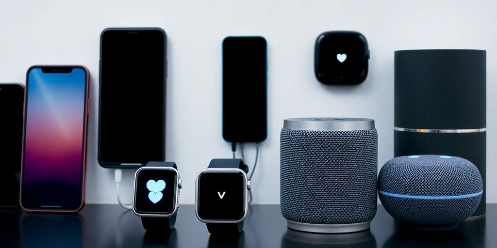 Modern smart devices with glowing notification icons.