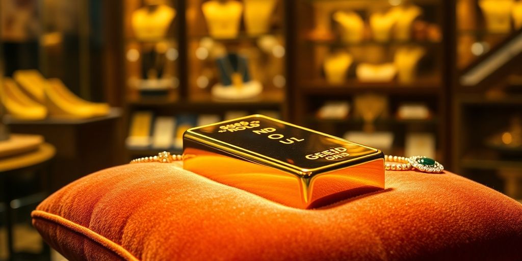 Lingot d'or sur un coussin en velours.