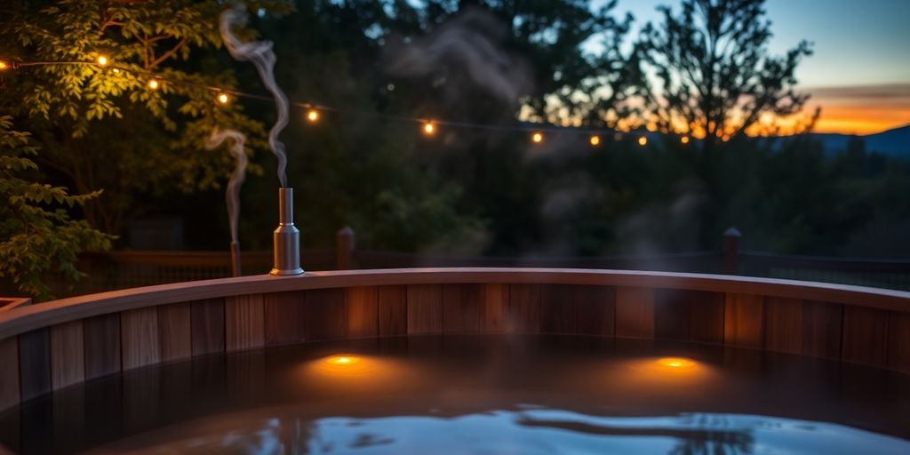 Steaming wood fired hot tub, natural outdoor setting.