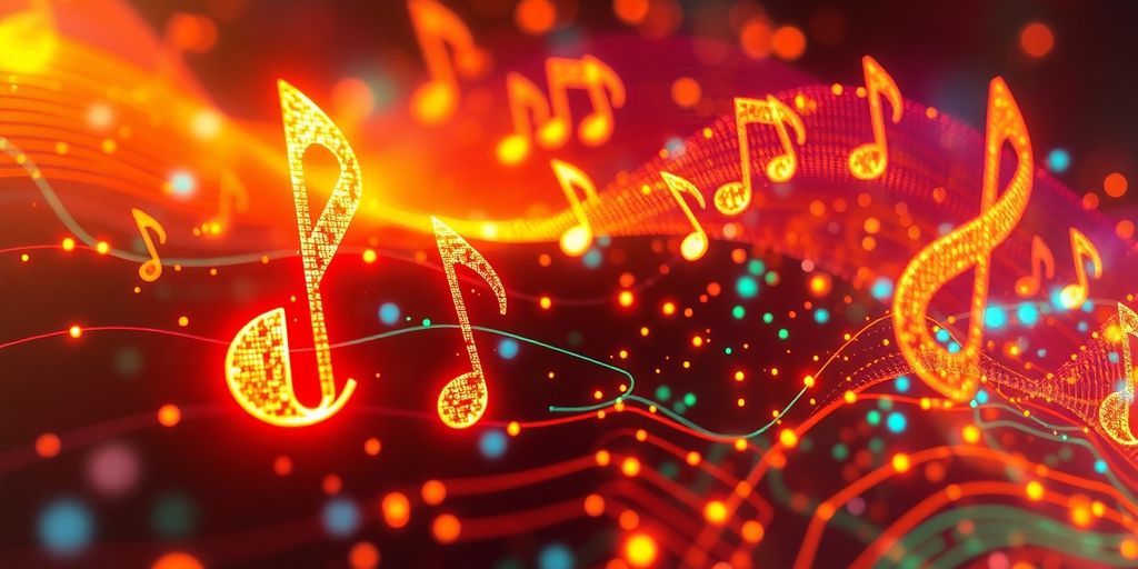 Musical notes and soundwaves interacting with AI.