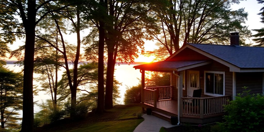 Lakeside cottage with trees and sunset reflection.
