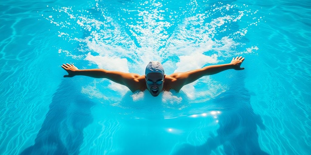 Swimmer's arms slicing through water, 50m pool.