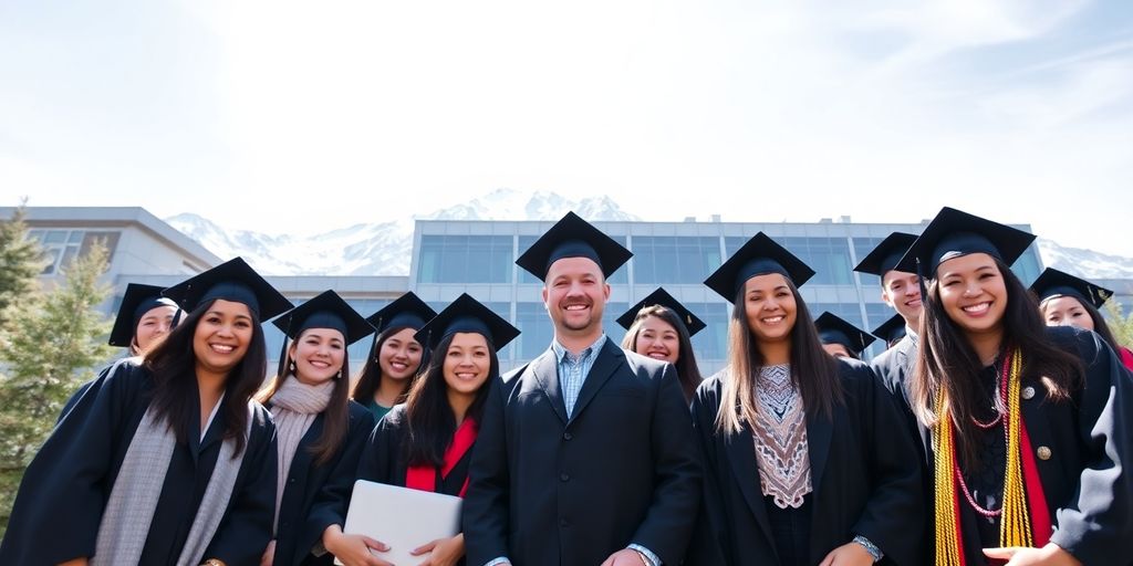 Graduates in professional attire with Alaskan mountains and campus.