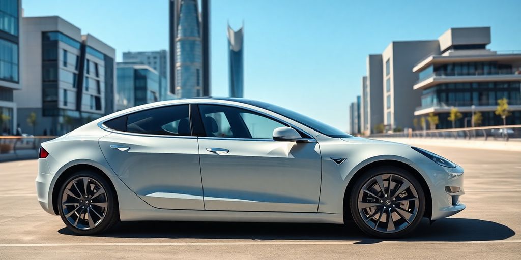 Tesla car in a futuristic urban environment.