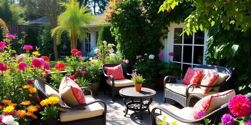 Lush garden with patio furniture and blooming flowers.