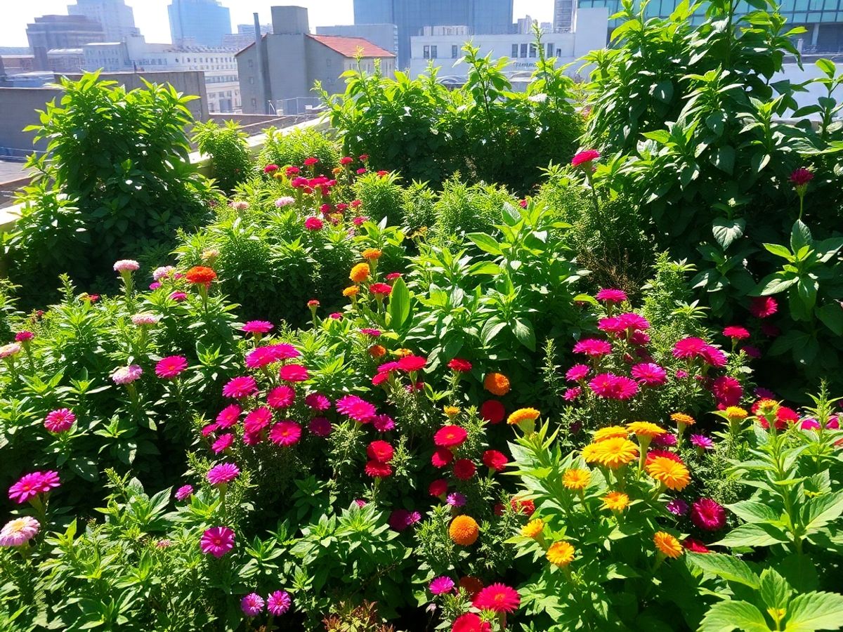Grădină suspendată urbană plină de plante verzi și flori colorate.