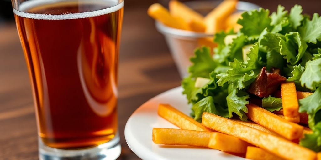 Beer, salad, and fries illustrating alcohol's health impact.