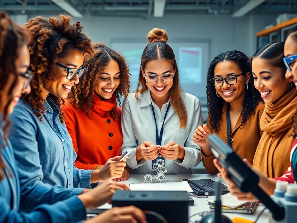 Diverse women collaborating in a STEM environment.