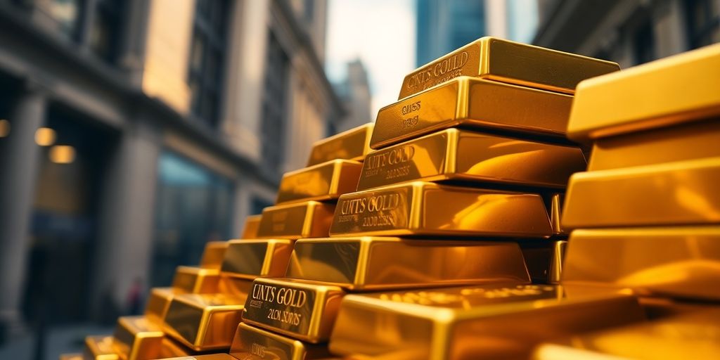 Des barres d'or empilées avec un fond flou.
