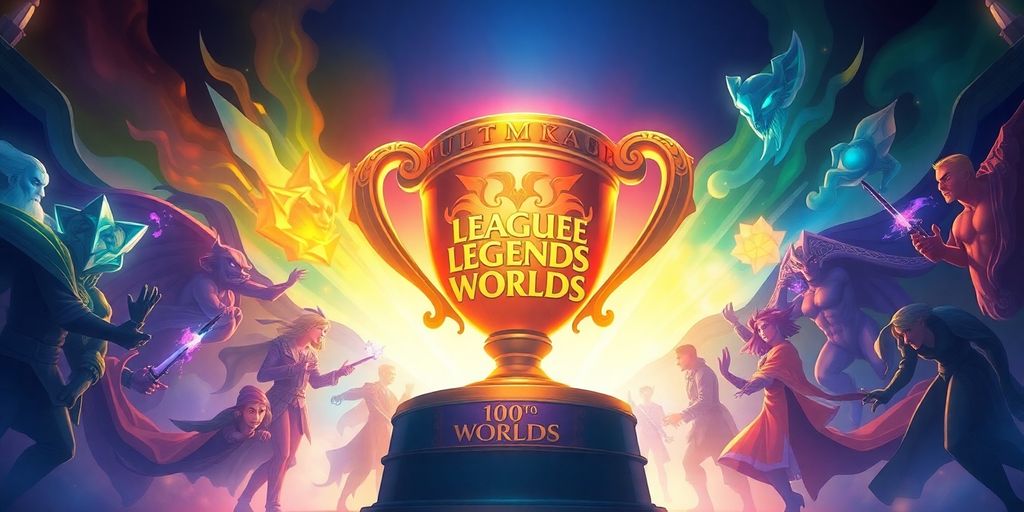 League of Legends Worlds trophy with champions.