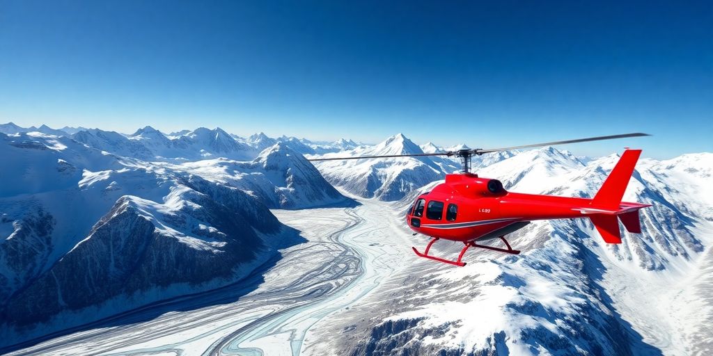 A red helicopter flies over snow-covered Alaskan mountains and glaciers.