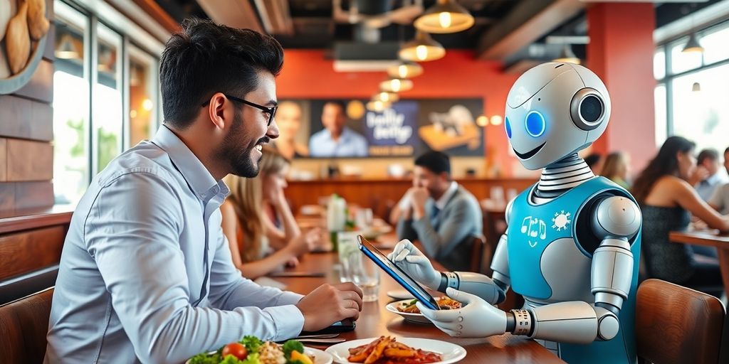 Fotografija restorana sa chatbotom na stolu.