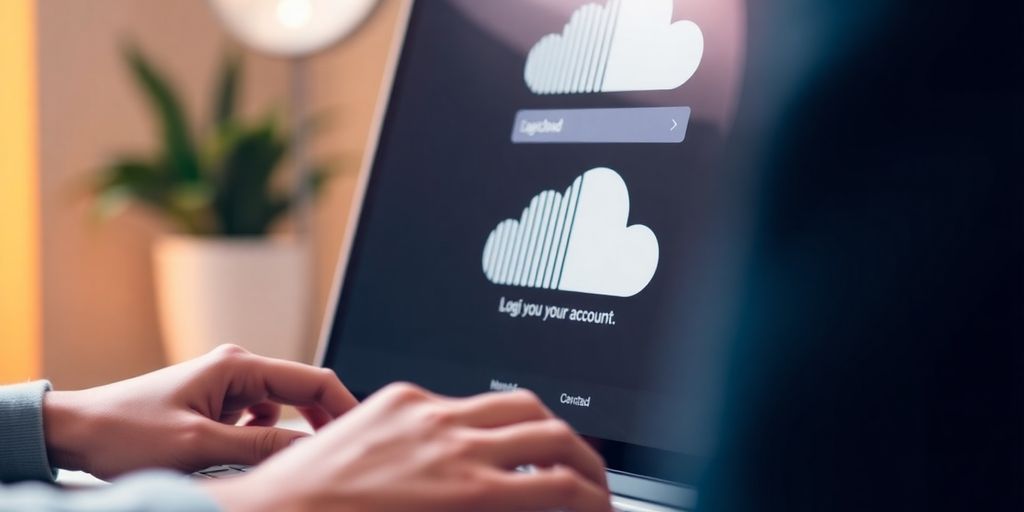 Person using a laptop with SoundCloud on screen.