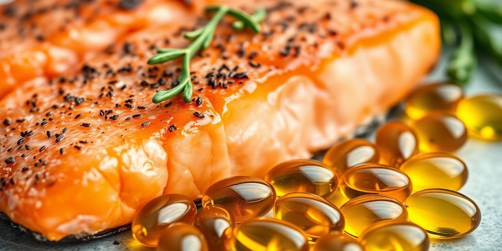 Vibrant fish oil capsules and fresh salmon fillet.