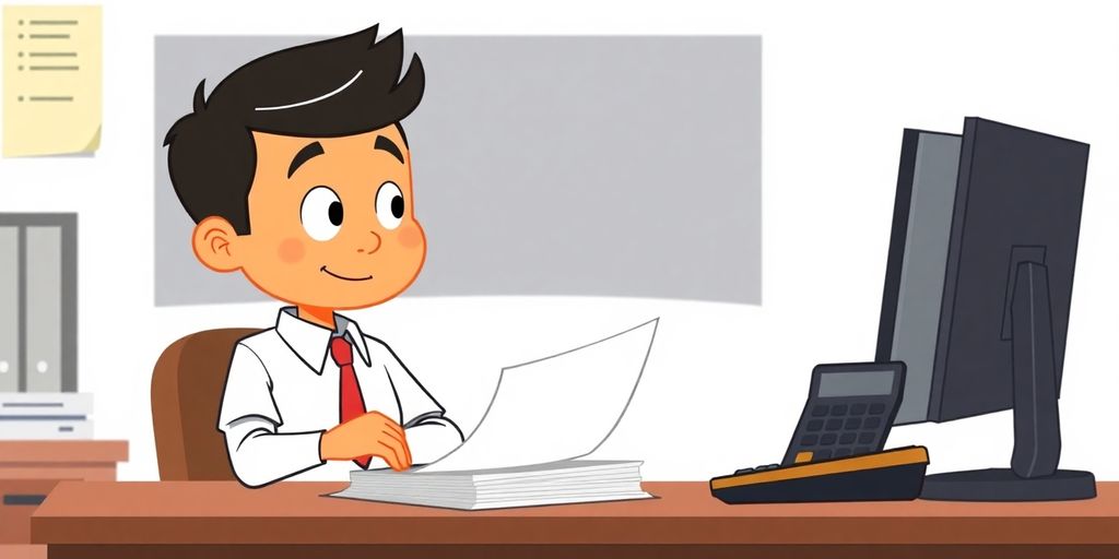 Cartoon character reviewing financial documents.