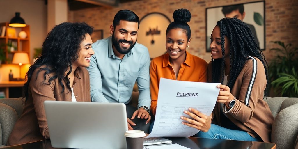Entrepreneurs discussing business plans in a cozy office.