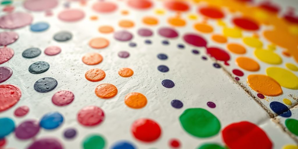 Close-up of a rainbow tile design with dot markers.