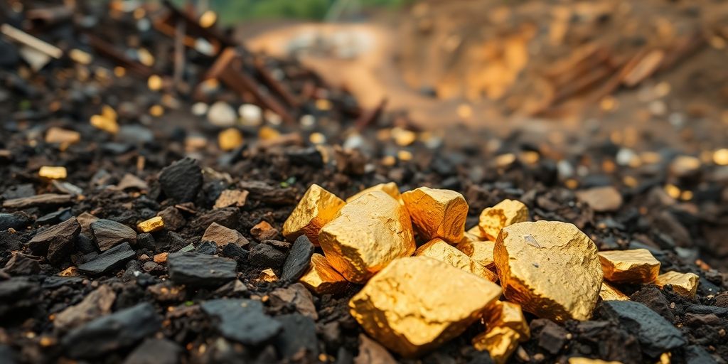 Nuggets d'or sur un paysage minier dégradé.