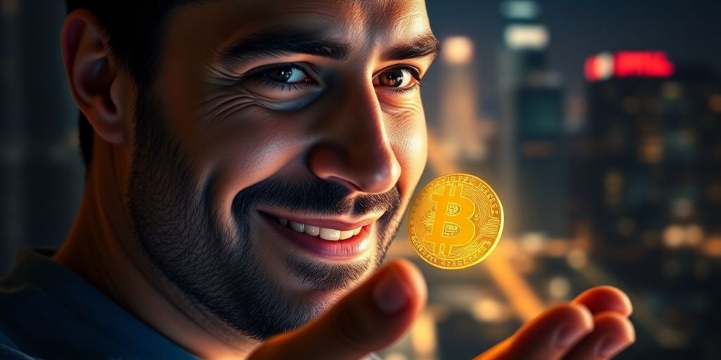 Man smiling, holding glowing Bitcoin, modern city background.