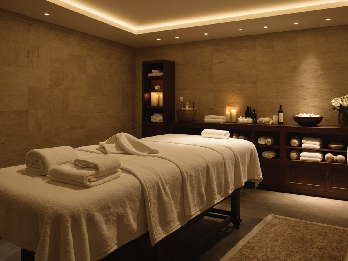 Serene spa room with massage table and soft towels.
