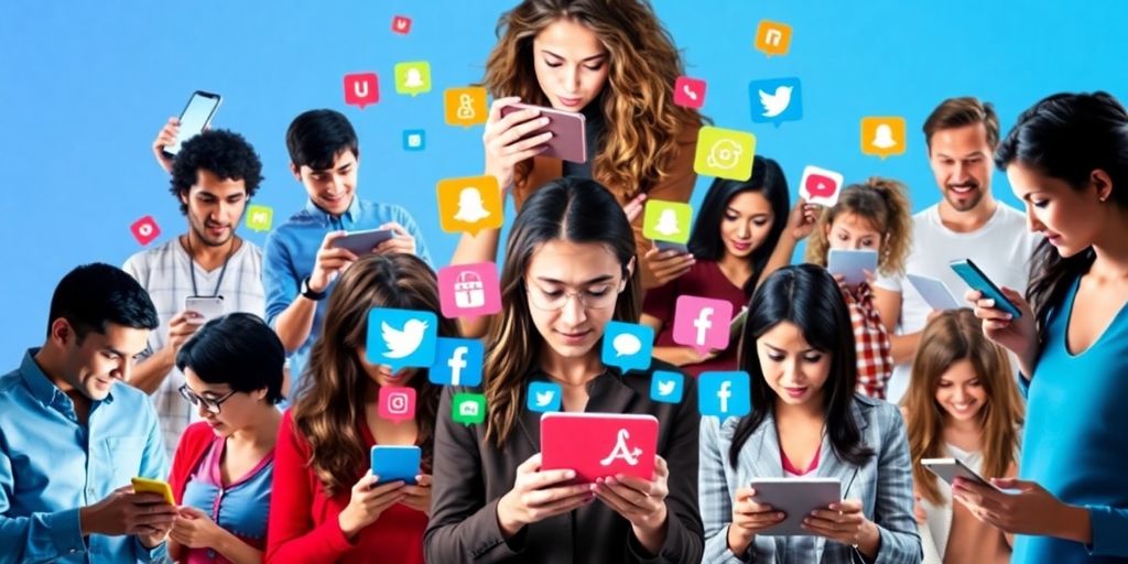 Group of people using social media on different devices.