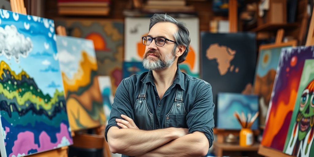 Artist in studio contemplating creativity and financial success.