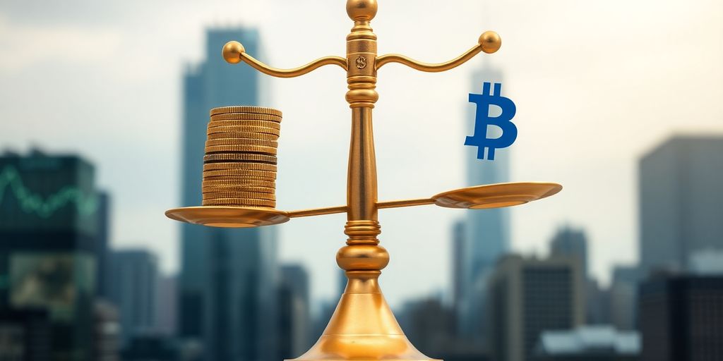 Balance entre pièces et symboles de monnaie numérique.