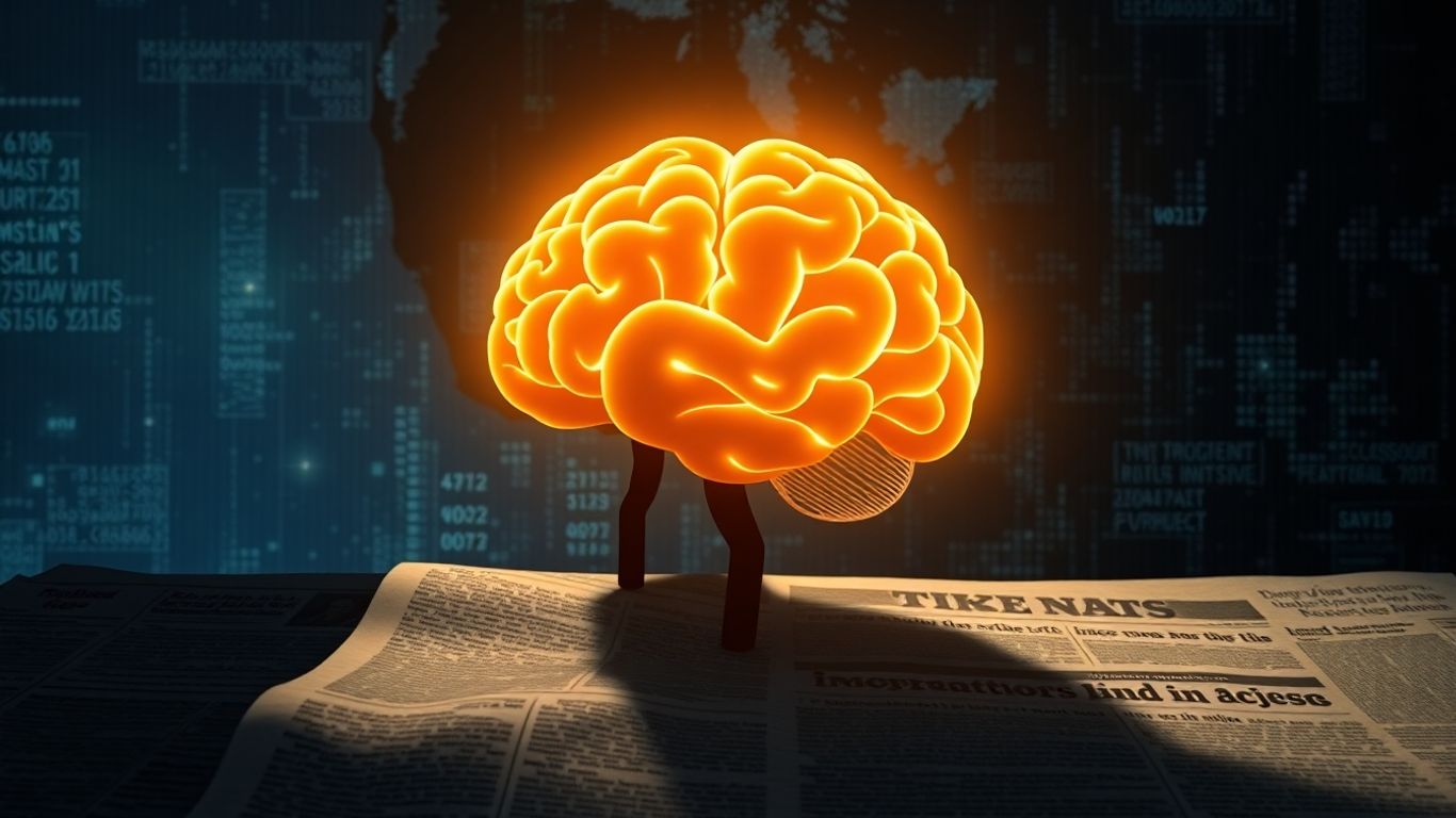 AI brain overshadowing a newspaper.