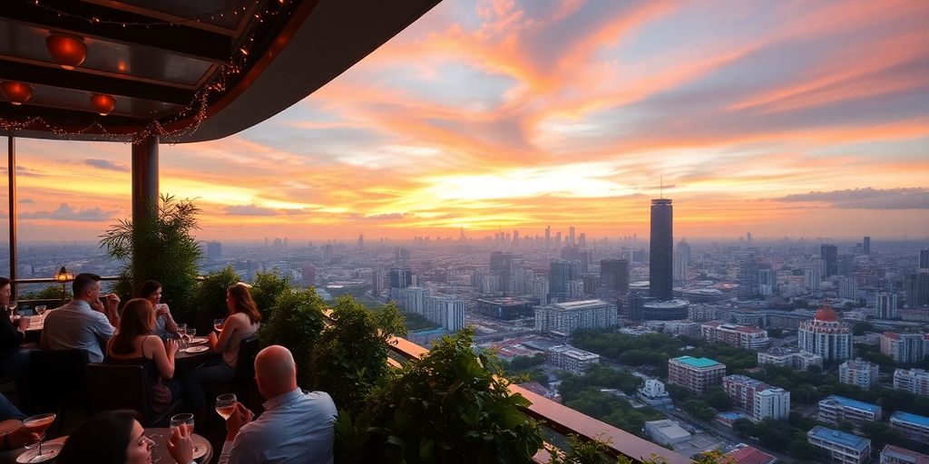 View from Red Sky Bar with sunset and city skyline.