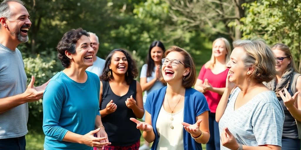 Lachende mensen die lachyoga beoefenen in de natuur.