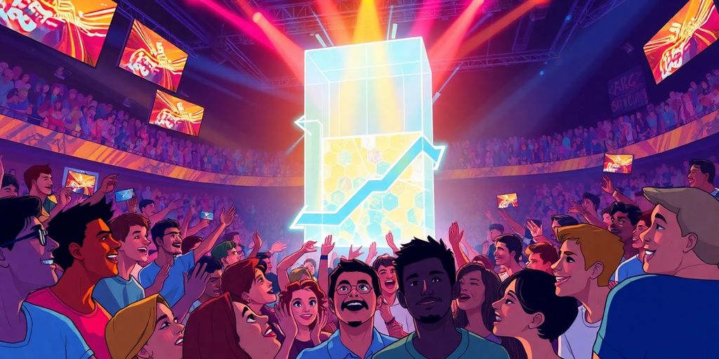 Diverse animated crowd watching a large holographic game.