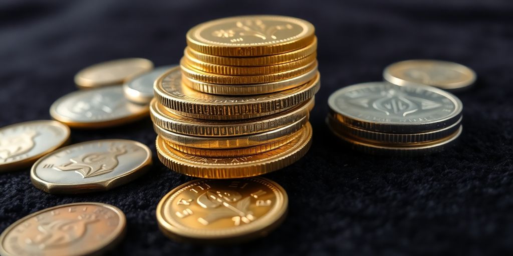 Pièces de monnaie anciennes empilées, gros plan étincelant.