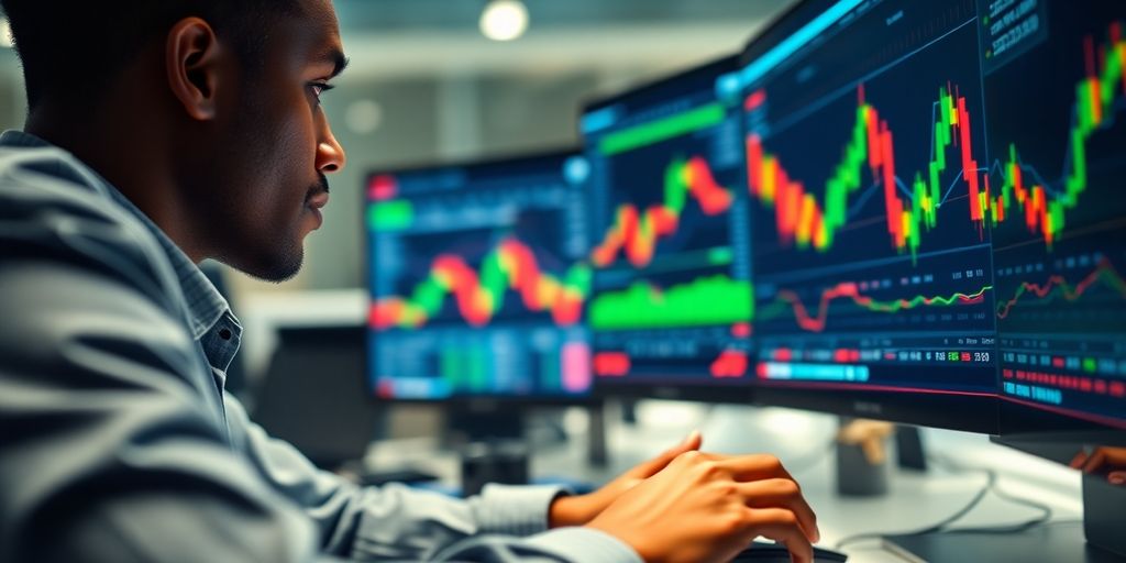 Trader analyzing currency market on multiple screens.