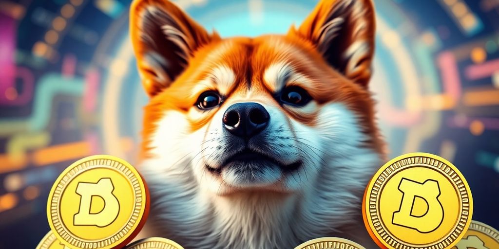 What’s Next for Dogecoin? A Look Into Future of Dogecoin 4 A playful Shiba Inu dog with Dogecoin coins.