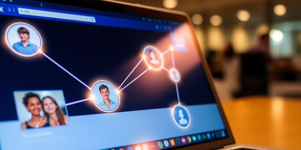 Laptop screen with Facebook, professional networking, glowing connections.