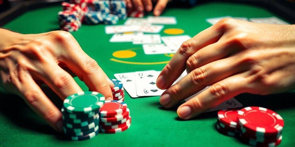 Poker chips and cards on a Texas Hold 'Em table.