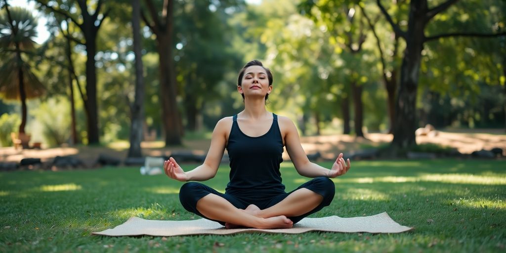 Person meditating outdoors with natural sunlight and greenery.