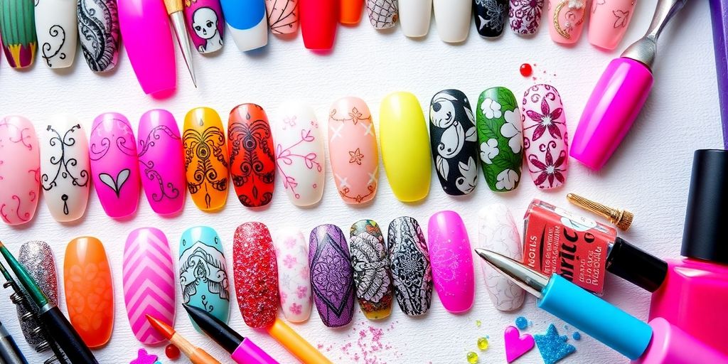 Várias unhas decoradas com designs coloridos e criativos.