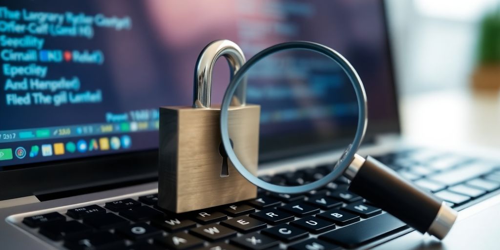 Keyboard with lock and magnifying glass for security.
