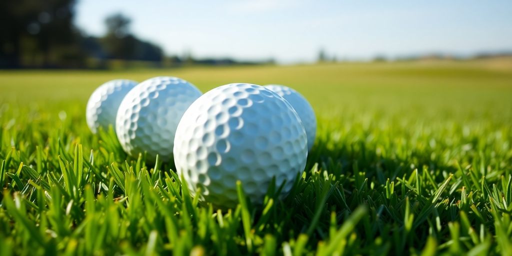 Assorted golf balls on a vibrant green golf course.