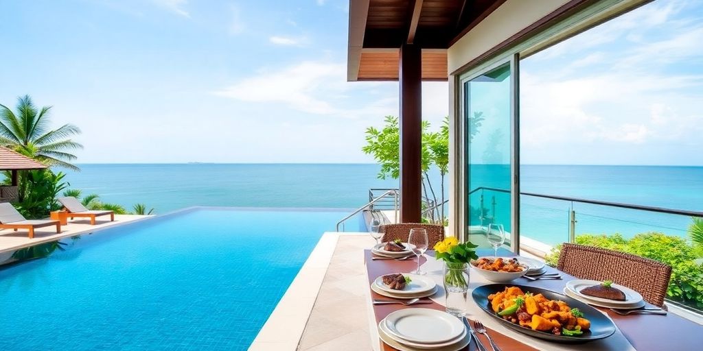 Luxury beachfront villa with dining setup and ocean view.