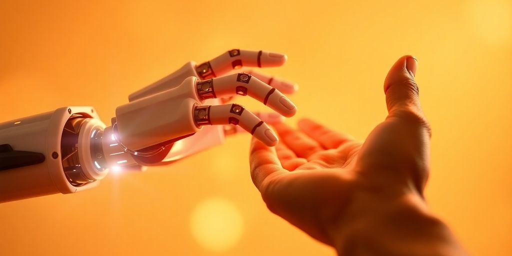 Robô amigável interagindo com humanos em ambiente futurista.